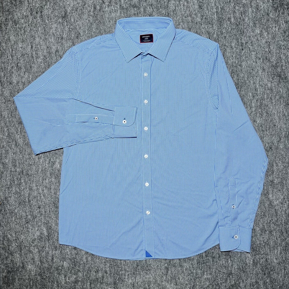 Untuckit Performance Button Up Shirt Men L Blue Long Sleeve Check Nylon Blend